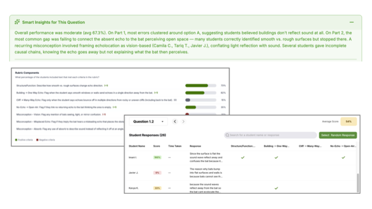 A class-wide results summary with graphs and grouped student ideas.